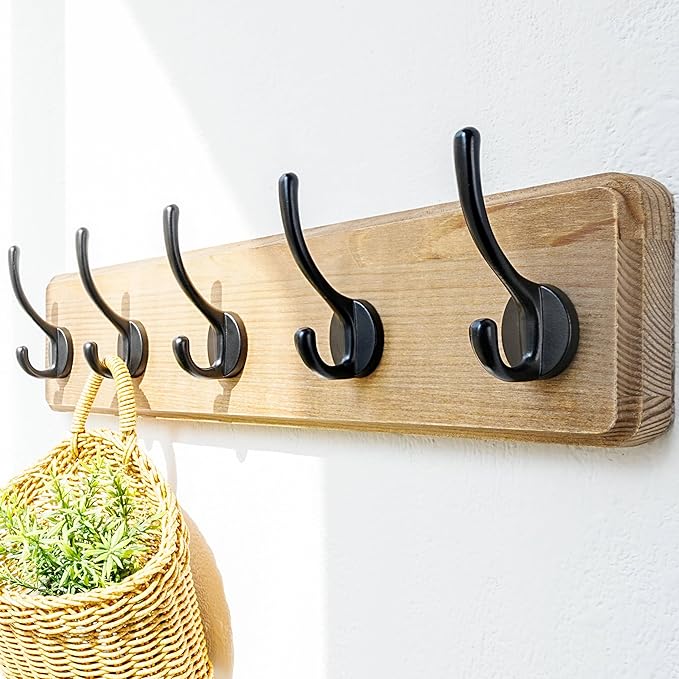 Dseap Coat Rack Wall: Patented, Heavy-Duty, 17.4" Long 5-Double-Hooks Wooden Wall Mounted Coat Rack Coat Hanger Hook Rail for Winter Coats Hat Jacket Clothing, Weathered Brown-Ruum Studio Home