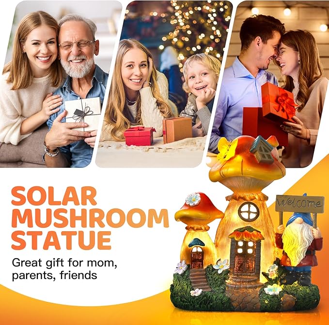 Solar Garden Statue Lights Mushroom Fairy House Figurine, Outdoor Memorial Garden Ornaments Waterproof Decoration for Outside Patio Yard Lawn Decor-Ruum Studio Home