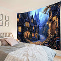 LB Vintage Castle Tapestry, Night Street Old House and Green Tree Wall Tapestry for Bedroom Aesthetic, Village Gothic Wall Art for Living Room Dorm Home Decor Ready to Hanging, 80 x 60 Inches-Ruum Studio Home