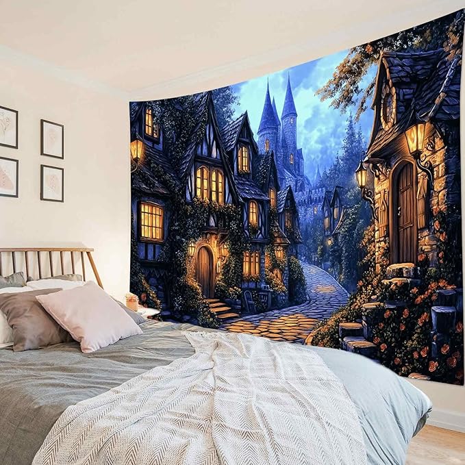 LB Vintage Castle Tapestry, Night Street Old House and Green Tree Wall Tapestry for Bedroom Aesthetic, Village Gothic Wall Art for Living Room Dorm Home Decor Ready to Hanging, 59 x 51 Inches-Ruum Studio Home