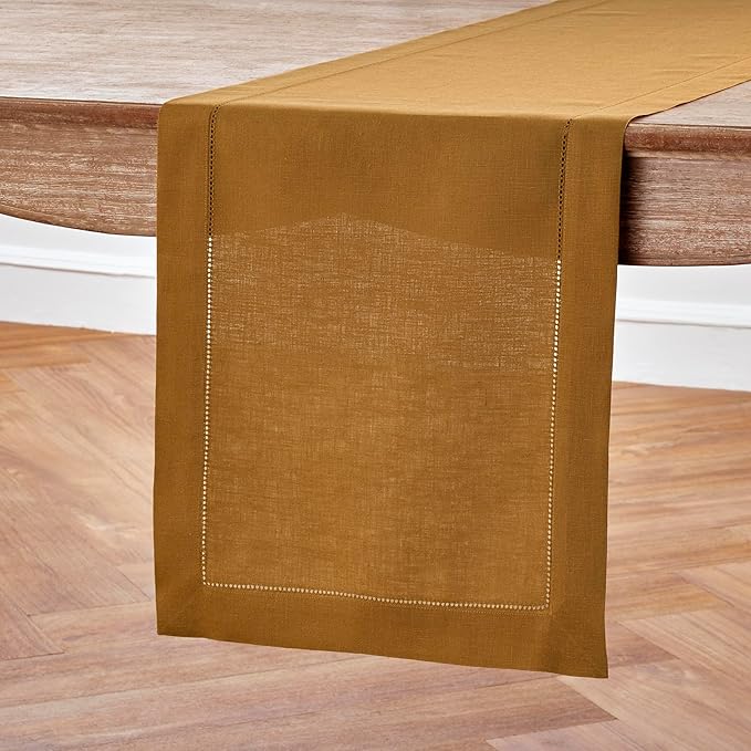 Solino Home Linen Table Runner 48 Inches - 100% Pure Linen Brown Sugar Hemstitch Table Runner 14 x 48 Inch Ideal for Dresser and Coffee Tables - Fall, Autumn, Thanksgiving - Classic Hemstitch-Ruum Studio Home