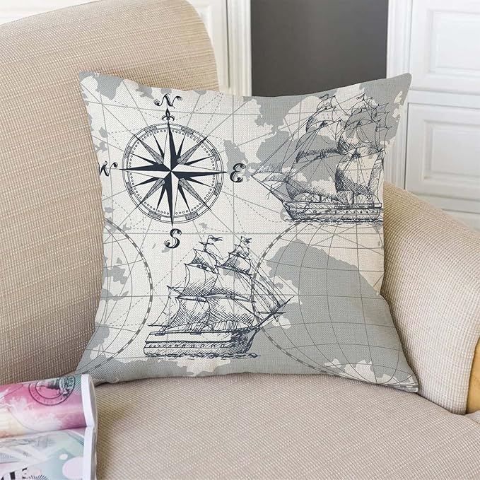 TSSOHU Nautical Sailboat Map Throw Pillow Cover Ship Anchor Cotton Linen Decorative Pillow Case Cushion Cover Home Sofa Decor 18x18 Inch Pillow Cover-Ruum Studio Home