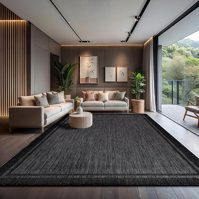 CAMILSON Indoor Outdoor Rug, 10x14 Bordered Dark Grey Black Modern Large Area Rugs for Indoor and Outdoor Patios, Kitchen and Hallway Mats, Washable Porch Deck Outside Carpet (Bordered Black, 10 x 14)-Ruum Studio Home