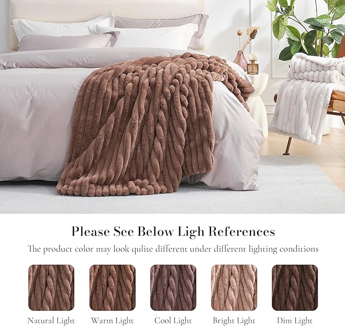 Amélie Home Faux Fur Throw Blanket for Couch, Cozy Fuzzy Fluffy Fur Luxurious Soft Striped Plush Gift Blankets for Family Sofa Chair Bed Living Room Bedroom, 55"x70", Light Coffee-Ruum Studio Home