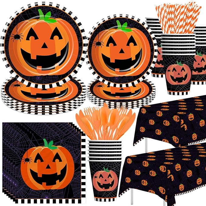 Halloween Plates and Napkins Party Supplies, Pumpkin Halloween Party Decorations Tableware, Pumpkin Paper Plate, Cup, Napkin, Tablecloth, Disposable Cutlery, Serves 24-Ruum Studio Home
