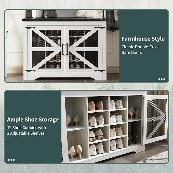 JXQTLINGMU 42" Farmhouse Hall Tree with Shoe Storage, Entryway Bench with 12 Cubbies, 7 Hooks & Barn Doors, Mudroom Coat Rack Cabinet, Off White-Ruum Studio Home