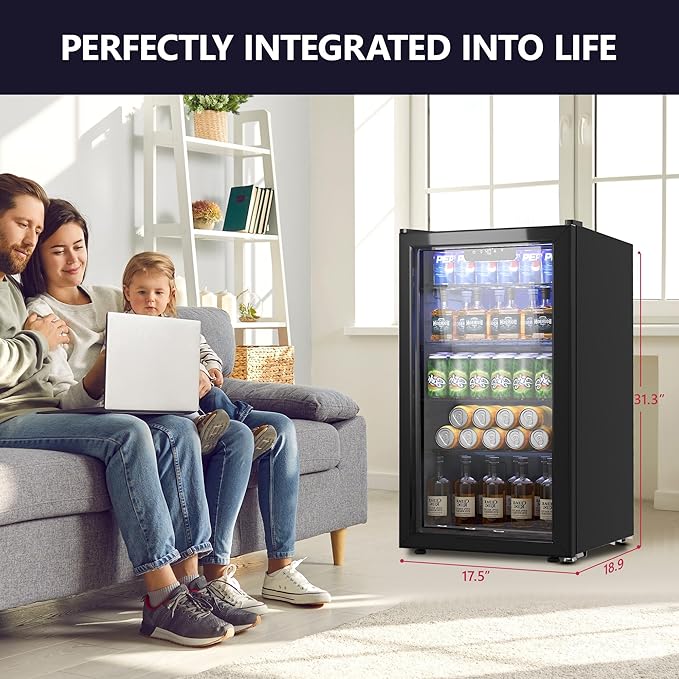 Beverage Refrigerator and Cooler, 126 Can Mini fridge with Plastic Door, Beverage Cooler with Digital Temperature Display & Adjustable Shelves for Soda Beer or Wine, Black-Ruum Studio Home