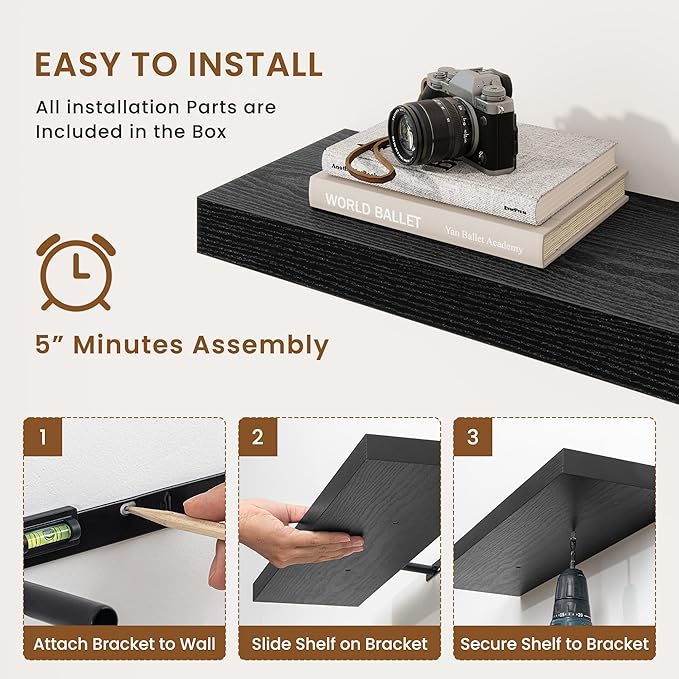 fuqing Floating Shelves for Wall, Bathroom Shelf Wall Mounted for Storage, Shelves with Invisible Bracket for Bedroom, Kitchen, Living Room, Farmhouse Small Book Shelf, 36 Inch Set of 2, Black-Ruum Studio Home