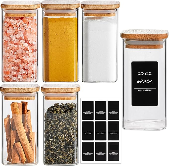 ComSaf 6Pcs 10 oz Large Spice Jars with Label Trial Set, Glass Spice Jars with Bamboo Lids Supplementary Set, Seasoning Container Trial Pack, Perfect for Ktichen Starter-Ruum Studio Home