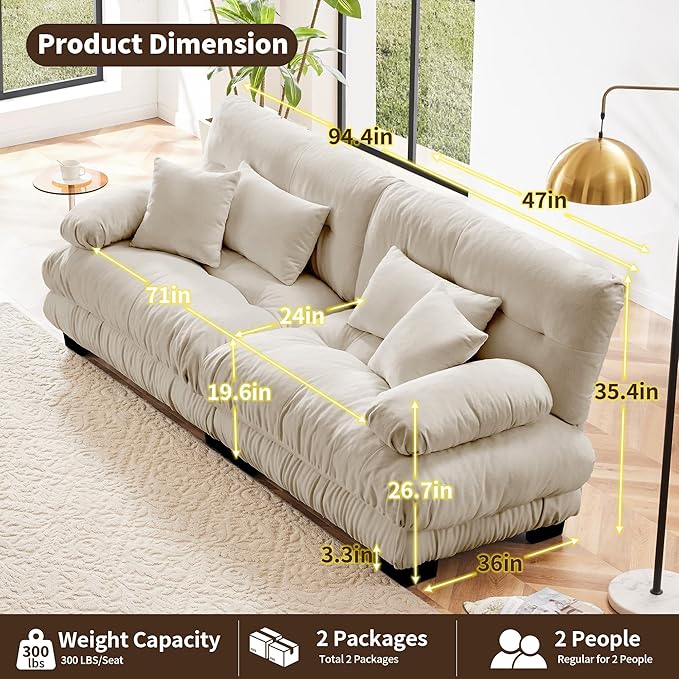 Modular Sectional Sofa, 2 Seater Cloud Couch Small Couches for Small Spaces, Modern Deep Seat Couch, Home Sofa Living Room Oversized Loveseat with Bolster Armrests 4 Pillows-Ruum Studio Home