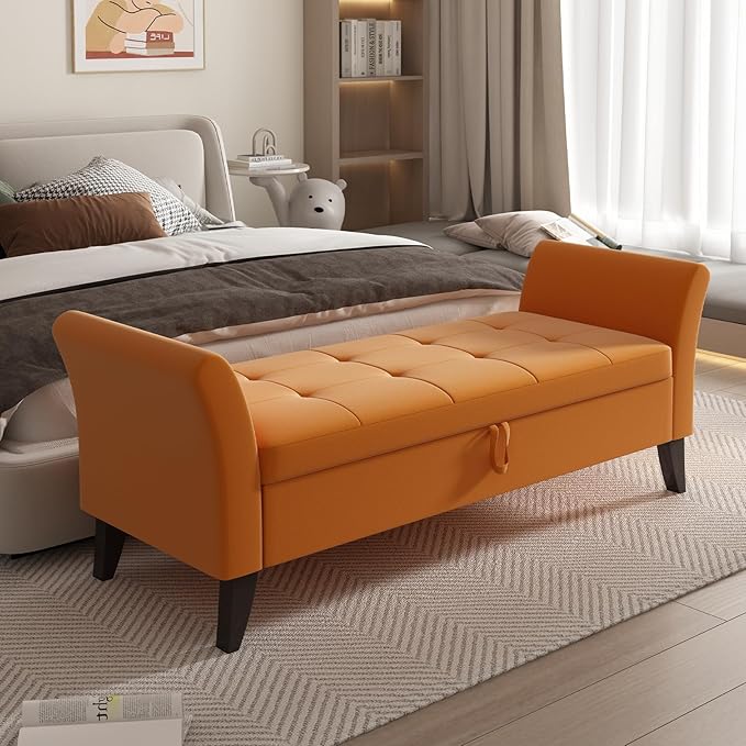 Furniliving 51 Inch Storage Bench for Living Room, Upholstered Bench Ottoman with Velvet Fabric, Modern Entryway Bench with Woodern Legs for Bedroom, Living Room, Shoe Storage & Seating, Orange-Ruum Studio Home