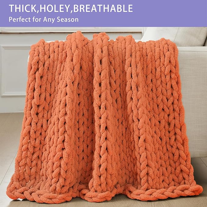 Bigacogo Chunky Knit Throw Blanket for Couch, 40x40 inches, 100% Hand Knitted with Thick Jumbo Chenille Yarn, Cozy Soft Large Rope Knot Cable Crochet Blankets for Sofa Bed Living Room, Terracotta-Ruum Studio Home