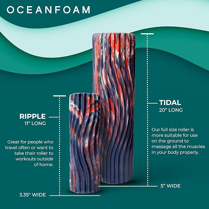 Oceanfoam Tidal Roller - Red, Dark Navy & Natural Marbled - Muscle Massage Foam Roller for Back Pain & Stretching - Firm & Ergonomic Wide Wave Textured - Yoga, Athletics, Wellness - Full Size 20" x 5"-Ruum Studio Home
