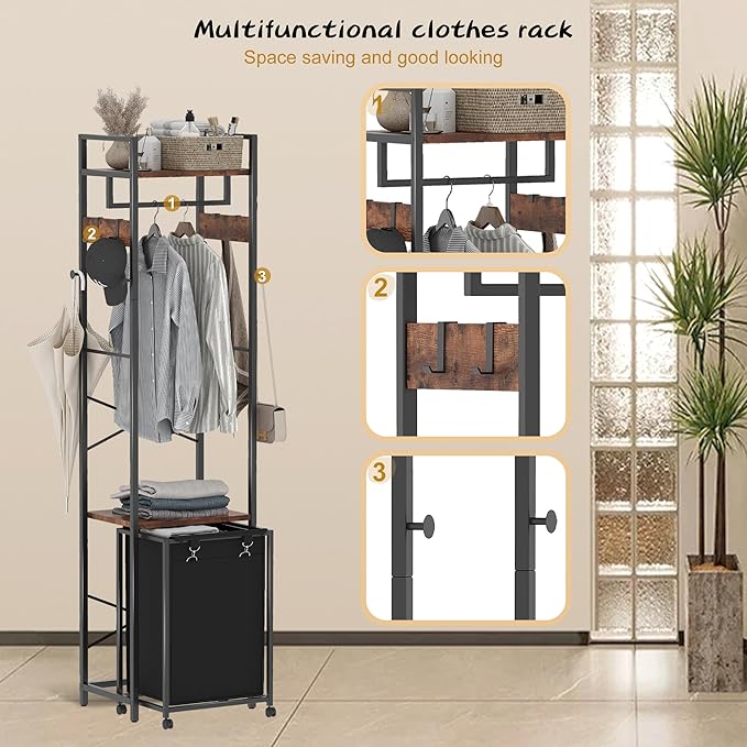 Coat Rack with Laundry Basket, Laundry Hamper Freestanding Hall Tree, Clothes Rack with Storage Shelves, 14.5 Gal Removable Bags on Wheels, Black and Brown JLH005SR-Ruum Studio Home