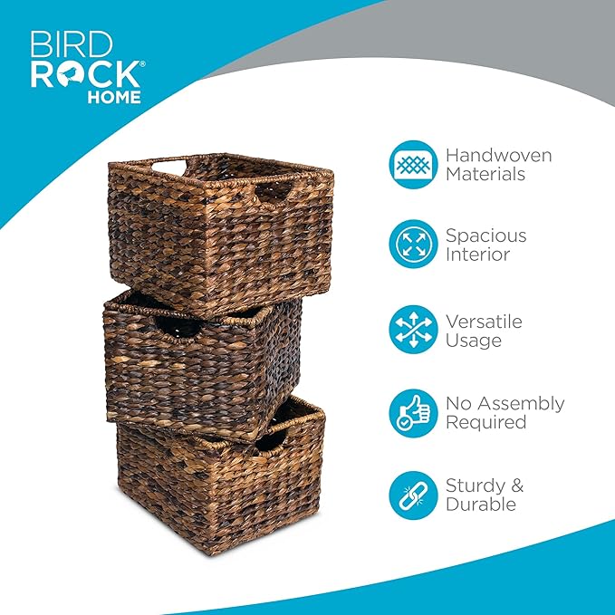 BIRDROCK HOME Woven Storage Shelf Organizer Baskets with Handles - Set of 3 - Abaca Wicker Basket - Pantry Living Room Office Bathroom Shelves Organization - Under Shelf Basket - Handwoven (Espresso)-Ruum Studio Home