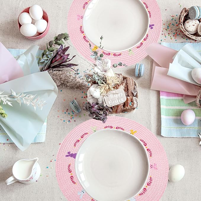 Whaline 4Pcs Round Bunny Easter Placemats Pink Rabbit Embroidered Place Mats Spring Cute Rabbit Dinner Table Mat Easter Dining Kitchen Table Mats for Home Wedding Baby Shower Birthday Party Decor-Ruum Studio Home