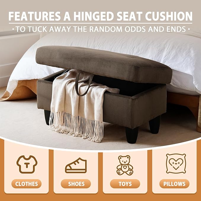 Ottoman Rectangular Storage Ottoman Bench, Flannel Footrest Stool Footstool with Lid for Living Room, Bedroom, Entryway, Dark Brown, 28.5"x19"x17.5"-Ruum Studio Home