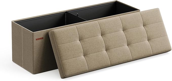 SONGMICS MAZIE Collection - 43 Inches Folding Storage Ottoman Bench, Ottoman Foot Rest, End of Bed Bench, Storage Chest, Load 660 lb, for Living Room, Bedroom, Entryway, Camel Brown ULSF077R01-Ruum Studio Home