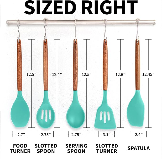 Zulay Kitchen Non-Stick Cooking Utensils Set with Authentic Acacia Wood Handles – 5-Piece Durable & Stylish Silicone Kitchen Utensils Set – Heat Resistant to 464°F – Mint-Ruum Studio Home