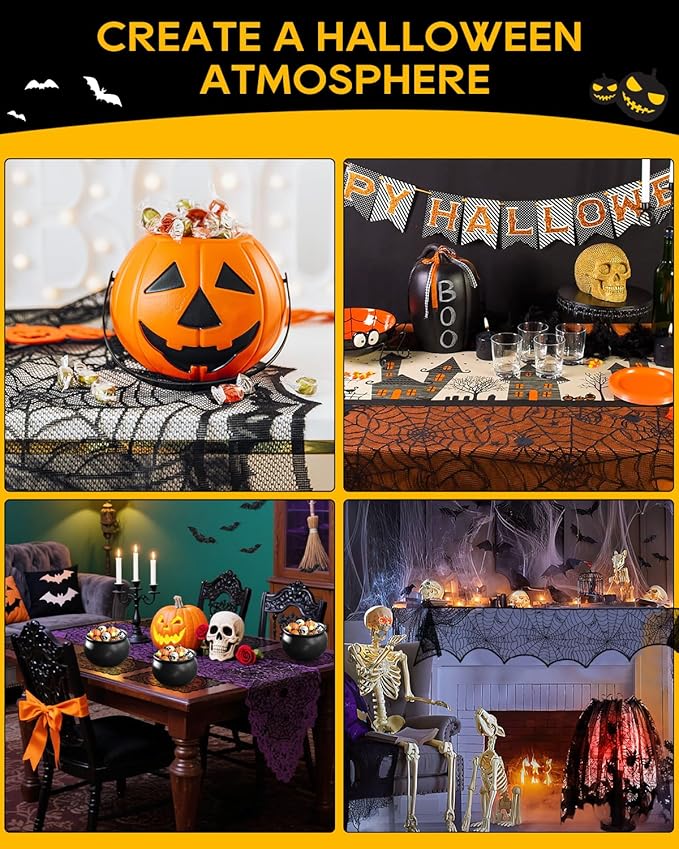 eZAKKA 5 Pack Halloween Decorations Indoor Halloween Spider Web Tablecloth Table Runners Fireplace Mantel Scarf Cobweb Lampshade Scary 3D Bats for Parties Gothic Spooky Home Decoration-Ruum Studio Home