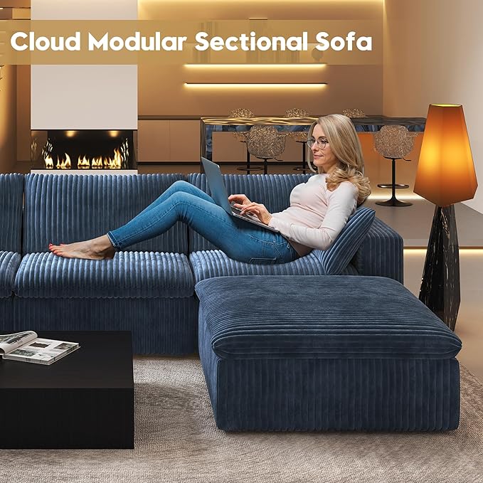 78.74" L Shaped Modern Sofa Modular Sectional Cloud Couch with Ottoman,Upholstered Couches with Plush Corduroy Fabric for Living Room Furniture,Bedroom and Apartment,No Assembly Required,Blue-Ruum Studio Home