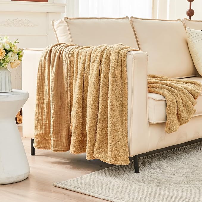 EMME Muslin and Fleece Twin Blanket Reversible - 60"*80" Beige Soft Warm Throw Blankets for Couch Bed Picnic Travel Bed-Ruum Studio Home