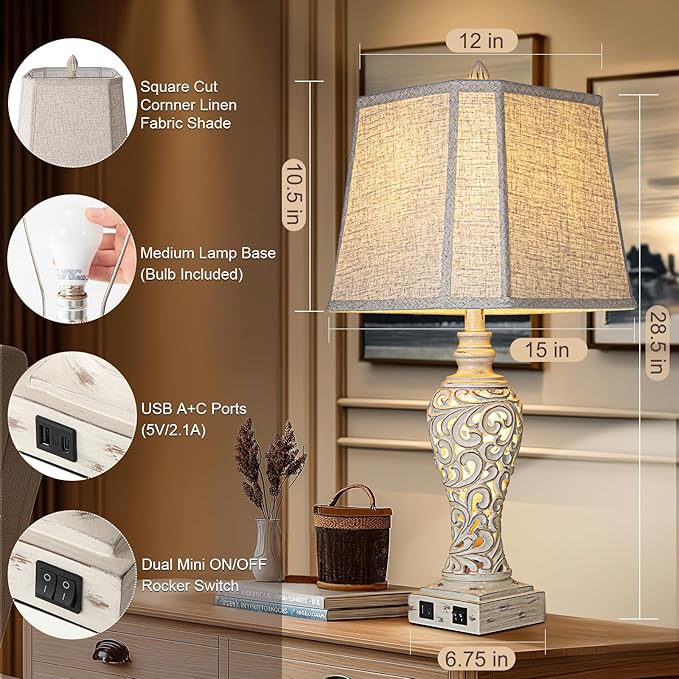 28.5" Table Lamps Set of 2 - Bedside Lamp with Fabric Shades - for Bedroom and Living Room with USB and Nightlight - Perfect for Nightstands and Bedrooms-Ruum Studio Home