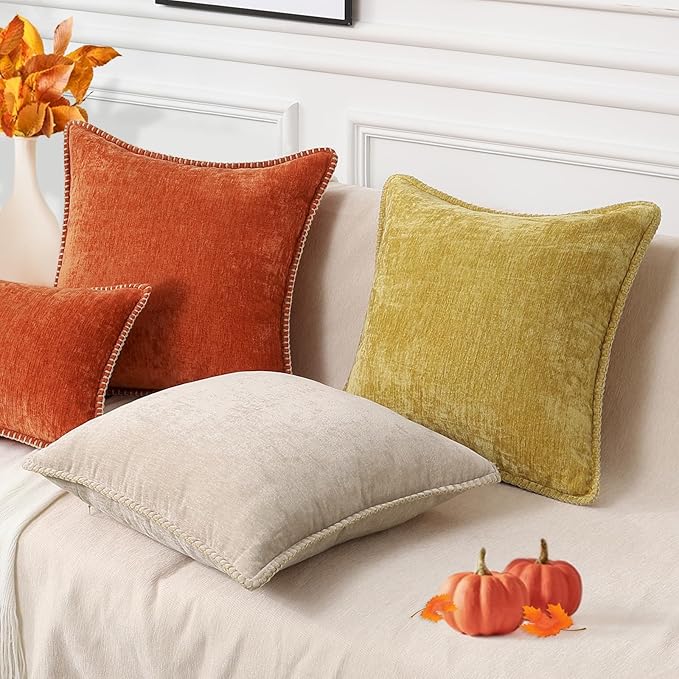 decorUhome Fall Chenille Soft Throw Pillow Covers 22x22 Set of 2, Farmhouse Velvet Neutral Decorative Euro Pillow Covers with Stitched Edge for Couch Sofa Bed Home Decor, Rust-Ruum Studio Home