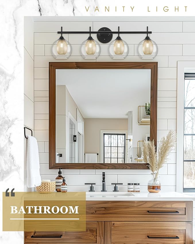 Bathroom Light Fixtures, 4-Light Black and Gold Vanity Lights Over Mirror, 30inch Farmhouse Wall Sconce Lighting with Clear Glass and Honeycomb Metal Shade, AD-22001-4W-BK-Ruum Studio Home