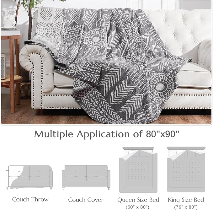 jinchan Boho 100% Cotton Muslin Blanket 3-Layer Queen Size 80x90 Inches Geometric Grey Lightweight Reversible Soft Cozy Comfy Throw for Couch Sofa Bed Large Coverlet Quilt Blanket Bedroom All Seasons-Ruum Studio Home