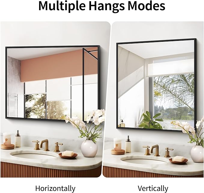 Black Bathroom Mirror for Wall, 30x36 Inch Rectangle With Metal Frame, Modern Vanity for Bathroom Living Room, Entryway Hangs Horizontal or Vertical-Ruum Studio Home