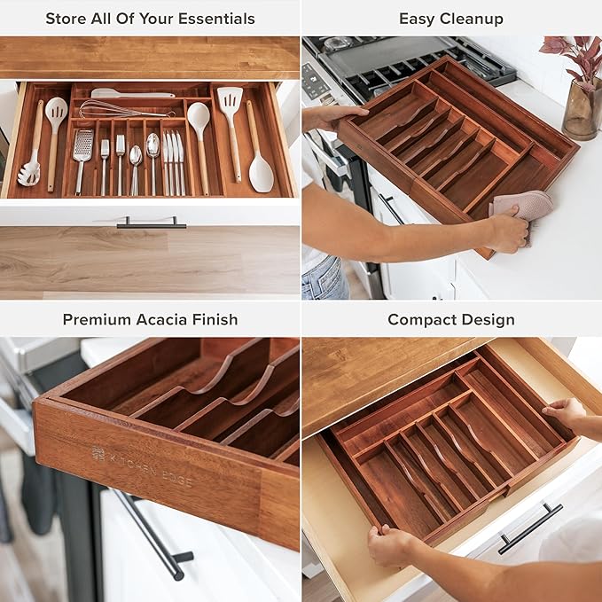 Premium Silverware, Flatware and Utensil Organizer for Kitchen Drawers, Food-Safe Contract Grade, Expandable from 18 to 33 In, Natural Acacia-Ruum Studio Home