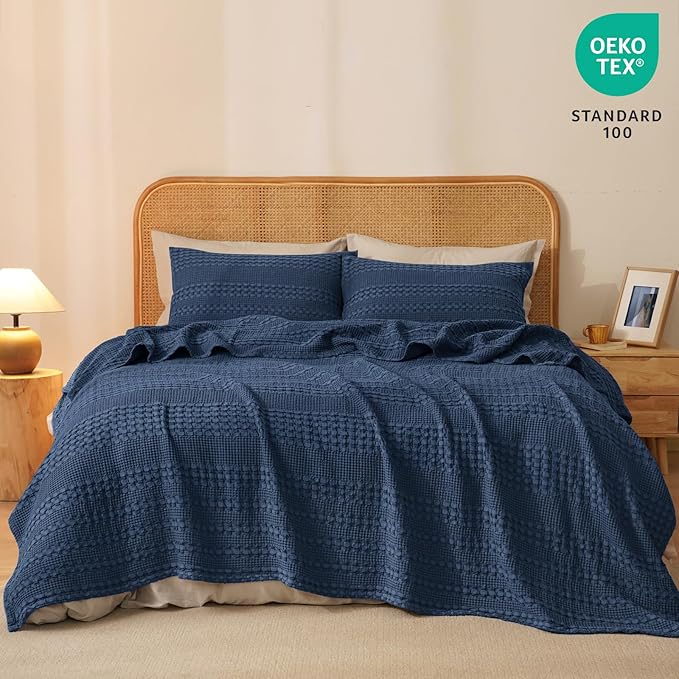 PHF 100% Cotton Waffle Weave Blanket Queen Size, Soft Lightweight Breathable Cozy Summer Blankets for Bed, Luxury Aesthetic Woven Bedding for Home Decor, 90"x90", Bright Navy Blue-Ruum Studio Home