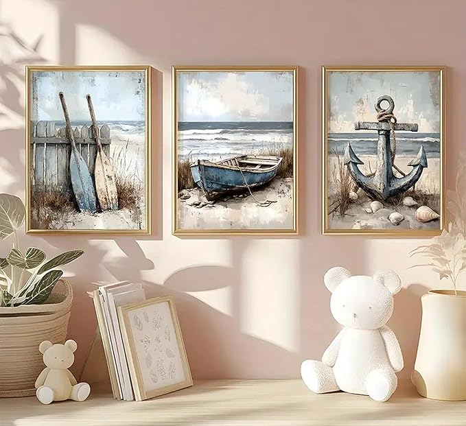 3Pcs Nautical Beach Wall Art Sailboat Paddle and Anchor Paintings Pictures Wall Decor Nautical Coastal Posters Prints Artwork for Living Room Bedroom Home Office Corridor Home Decroation Unframed-Ruum Studio Home