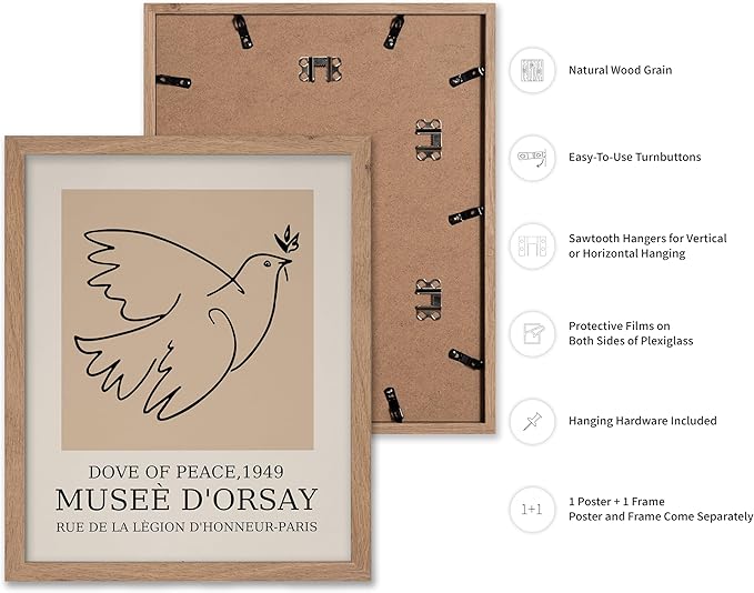 Poster Master Vintage Poster - Retro Minimalist Print - Gift for Artist, Friend - Dove Of Peace, Line Drawing, Sketch, Abstract - Wall Decor for Living Room, Bedroom, 16x20 Beige Framed-Ruum Studio Home