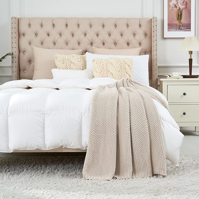 Longhui bedding Chunky Cable Knit Throw Blanket Lightweight Beige 100% Organic Cotton Blanket for Sofa Couch Bed Baby Nursery, Rustic Shabby Chic Modern Farmhouse, 60” x 80”-Ruum Studio Home