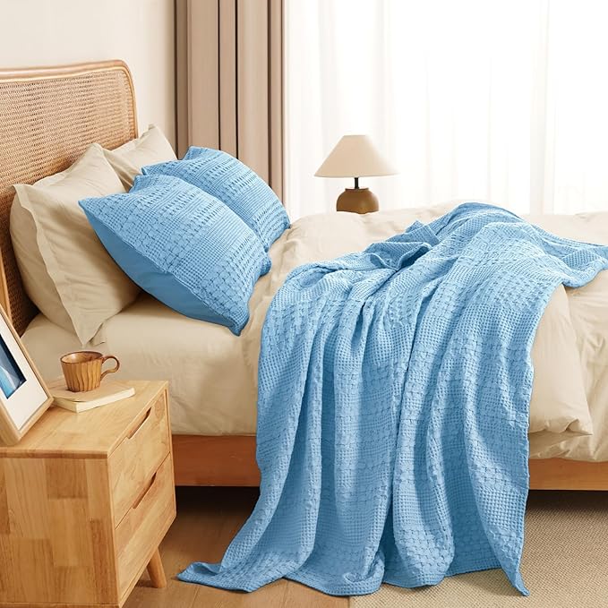 PHF 100% Cotton Waffle Weave Throw Blanket, Soft Lightweight Breathable Cozy Summer Throws for Couch Bed Sofa, Luxury Aesthetic Woven Blanket for Home Decor & Office, 50"x60", Sky Blue-Ruum Studio Home