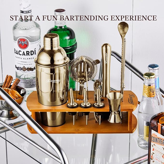 KITESSENSU Cocktail Shaker Set Bartender Kit with Stand | Bar Set Drink Mixer Set with All Essential Accessory Tools: Martini Shaker, Jigger, Strainer, Mixer Spoon, Muddler |Champagne Gold-Ruum Studio Home