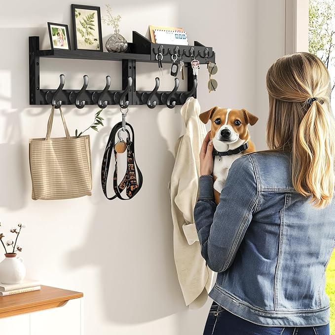 29" Coat Rack Wall Mount with Shelf, 4 in 1 Wall Mounted Coat and Key Hanger with 11 Hooks, Entryway Key Holder with Mail Holder for Living Room, Bedroom, Black-Ruum Studio Home