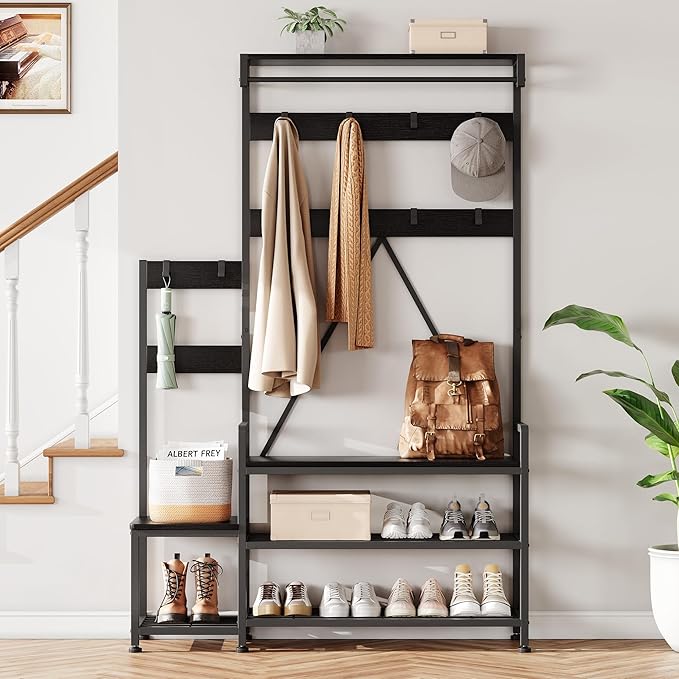 IDEALHOUSE Parent-Child Coat Rack Shoe Bench Hall Tree with Bench and Shoe Storage Industrial Coat Tree Entryway Large Organizer with Shoe Rack, Storage Cubbies, Hooks, and Top Shelf-Ruum Studio Home