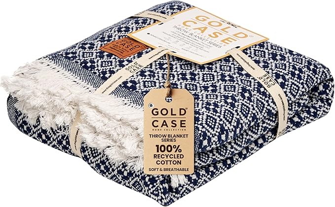 Gold Case Throw Blanket for Couch - 100% Recycled Turkish Cotton Blankets & Throws - Retro Soft Throw Blankets for Living Room Sofa - Boho Decorative Woven Throws for Couch - 60x80 - Navy Blue-Ruum Studio Home