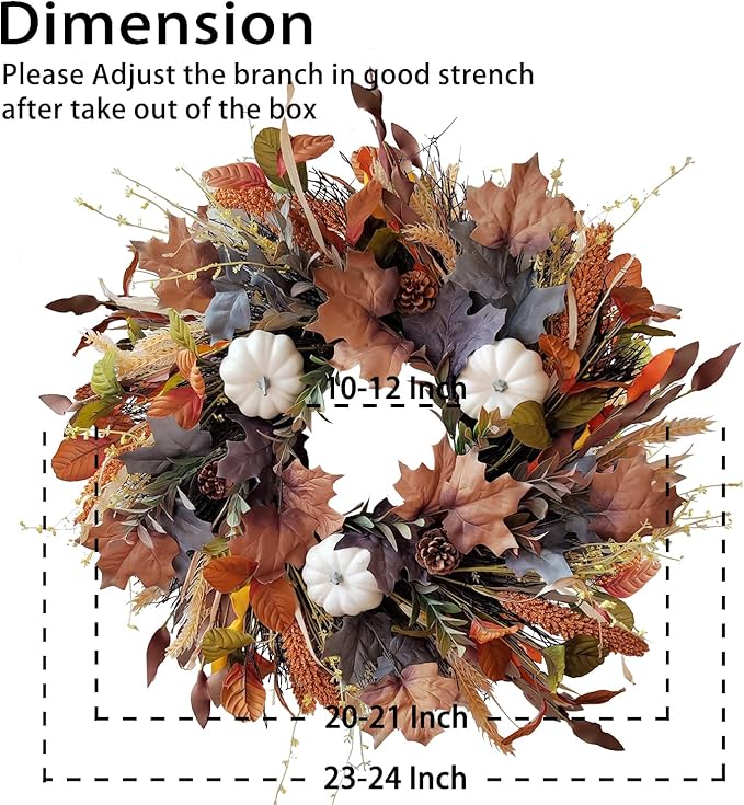 WANNA-CUL 24 Inch Fall Wreath for Front Door with White Pumpkins,Grains, Maple Leaves-Fall Decoration for Home-Large Fall Decor Door Wreath for Autumn,Harvest or Halloween-Ruum Studio Home