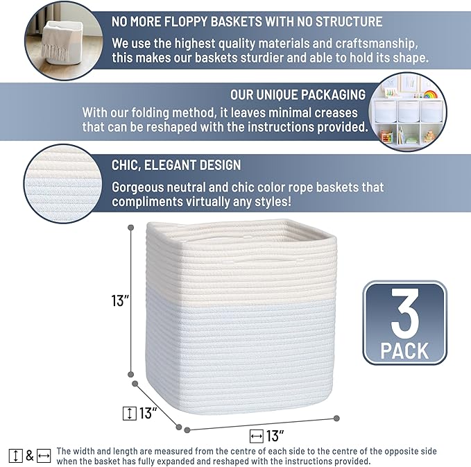 NaturalCozy 13 Inch Cube Storage Bins Cotton Rope Woven Baskets for Organizing 3-Pack | 13 x 13 Storage Cubes | Fabric Square Storage Baskets for Shelves Organizer, Kids Toy Bins, Closet Baby Nursery-Ruum Studio Home