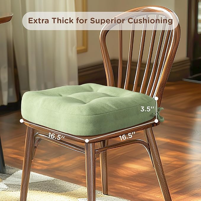 Codi Dining Chair Cushions 4 Pack, Thick Chairs Pads for Indoor Kitchen Room - Washable, Non-Slip Memory Foam Seat Cushion with Ties, 16.5"x16.5"x 3.5", Set of 4, Sage-Ruum Studio Home