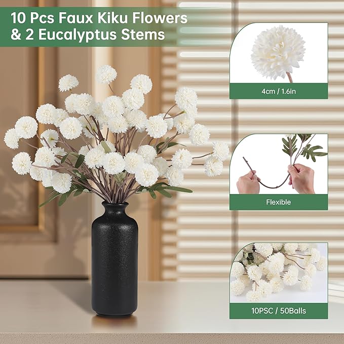 Faux White Kiku Flowers 10 Stems & 2 Eucalyptus, Fake Mums Pompon Flower Ball, Autumn Artificial Chrysanthemums Flowers for Boho Bedroom Decor, Silk Mini Faux Kiku Flower Wedding Arrangements Decor-Ruum Studio Home