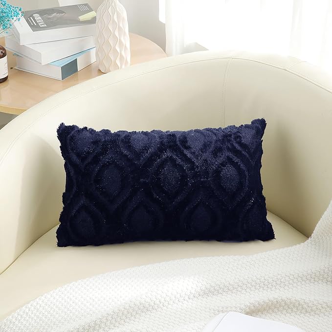 decorUhome Fall Throw Pillow Covers 12x20 Inch Set of 2, Soft Plush Decorative Faux Fur Navy Blue Solid Couch Pillow Covers, Accent Farmhouse Neutral Lumbar Euro Pillow Cases for Sofa Bed Living Room-Ruum Studio Home