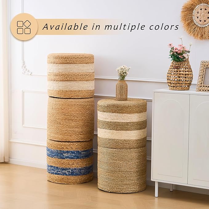 Handwoven Ottoman Pouf, Natural Water Hyacinth Footstool, Round Braided Outdoor Seat with Sturdy Frame, Boho Accent Stool for Patio, Balcony, or Garden (Natural)-Ruum Studio Home