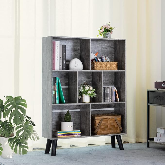 LEYAOYAO Bookshelf Cube Storage Organizer,3 Tier Bookcase with Legs,Modern Wood Open Shelf,Dirty Grey Bookshelves,Free Standing Display Short Book Shelves for Narrow Space,Bedroom,Living Room,Office-Ruum Studio Home