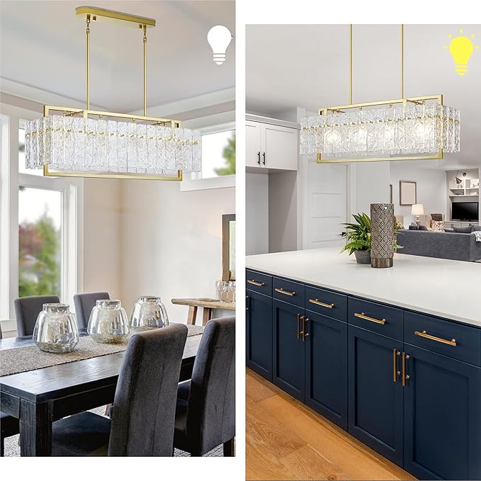 IKK Modern Gold Rectangle Chandeliers for Dining Room, Crystal Water Ripple Light Fixture, Elegant Farmhouse Linear Lighting for Kitchen Island, Bar Table, L33 x W9 x H12-Ruum Studio Home