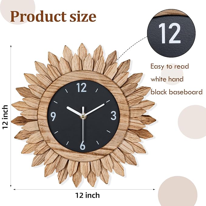 Honiway Wall Clock Battery Operated 12 in Rustic Wood Boho Sunburst Decorative Wall Clock Silent Non Ticking Farmhouse Small Wall Clocks for Living Room Kitchen Bathroom Bedroom Decor (Rustic Brown)-Ruum Studio Home